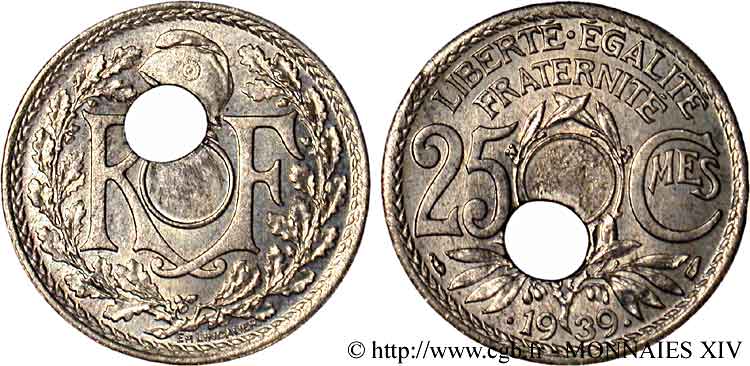 25 centimes Lindauer, Maillechort, trou décentré 1939  F.172/3 VZ 