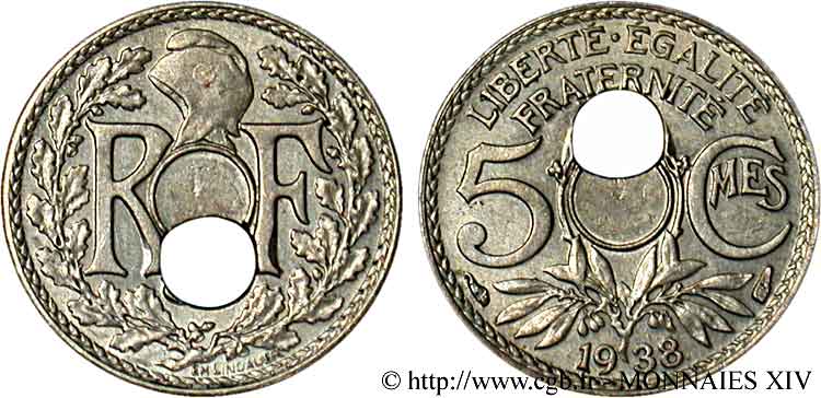5 centimes Lindauer, petit module, trou décentré 1938  F.122/21 var. VZ 