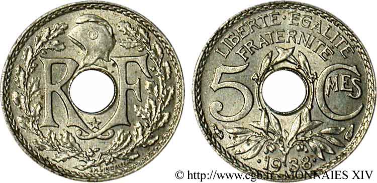 5 centimes Lindauer, Maillechort, avec étoile 1938  F.123/1 SUP 