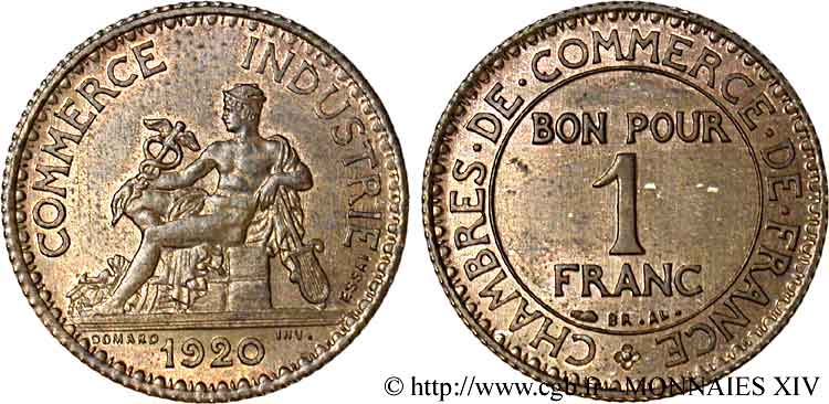 Essai de 1 franc Chambres de Commerce cuivre 1920 Paris Maz.2583 d SPL 