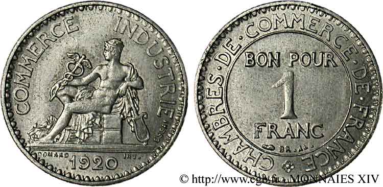 Essai de 1 franc Chambres de Commerce maillechort 1920 Paris Maz.2583 e SPL 