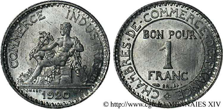 Essai de 1 franc Chambres de Commerce aluminium 1920 Paris Maz.2583 c var. SPL 