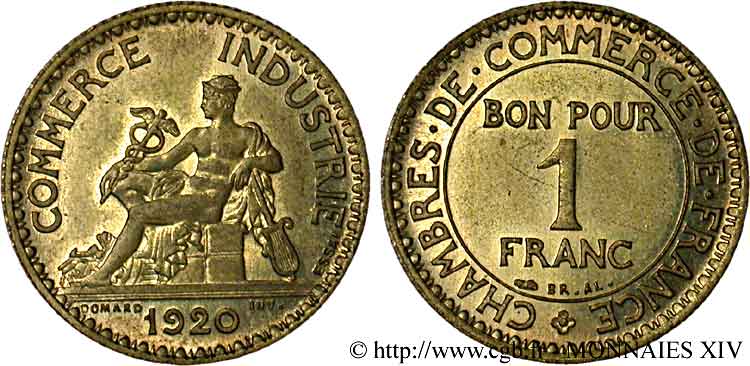 Essai de 1 franc Chambres de Commerce bronze-aluminium 1920 Paris F.218/1 SC 