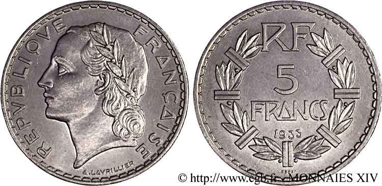 Essai de 5 francs Lavrillier, en nickel, sans différent 1933 Paris Maz.2563 a SPL 