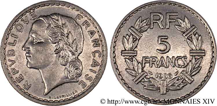 5 francs Lavrillier, en nickel 1936 Paris F.336/5 EBC 