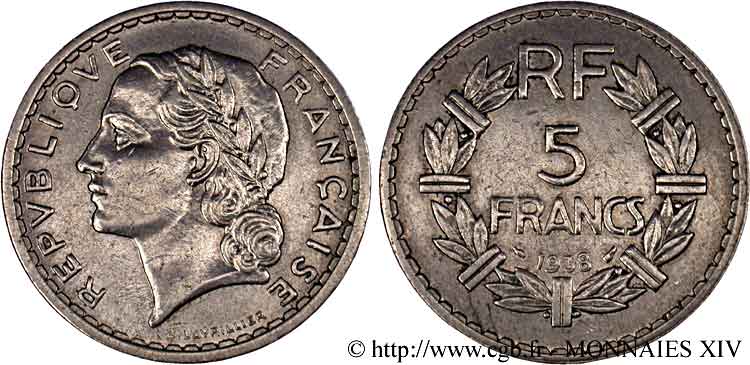 5 francs Lavrillier, en nickel 1938 Paris F.336/7 TTB 