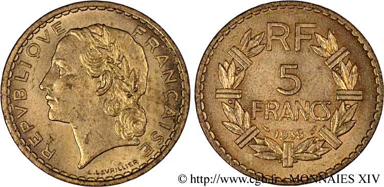 5 francs Lavrillier, en bronze-aluminium 1938 Paris F.337/1 SUP 