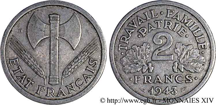 2 francs Francisque 1943 Beaumont-le-Roger F.270/3 VF 