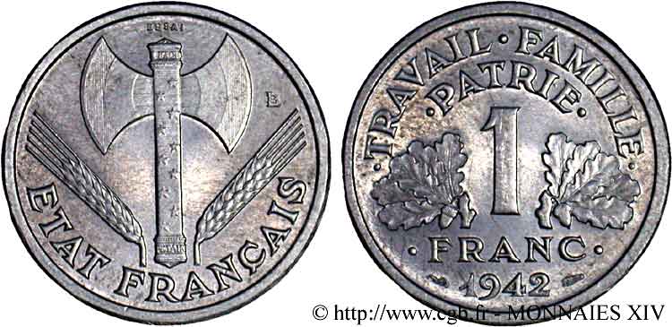 Essai - piéfort aluminium de 1 franc Francisque 1942  F.222/1P SC 
