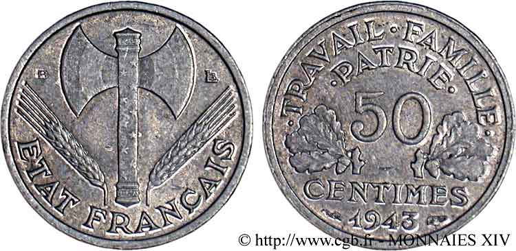 50 centimes Francisque, poids léger 1943 Beaumont-le-Roger F.196/3 AU 