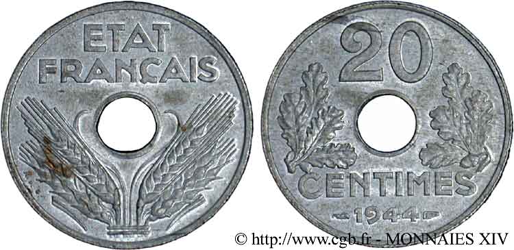 20 centimes État français 1944  F.153A/2 AU 