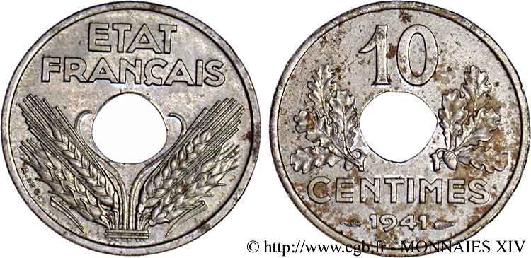 Essai en fer de 10 centimes, État français, grand module 1941  Maz.2672 var. SPL 