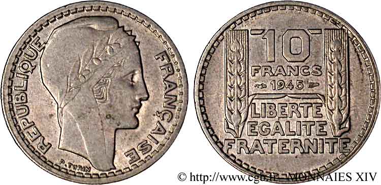 10 francs Turin, grosse tête, rameaux courts 1945 Paris F.361A/1 XF 