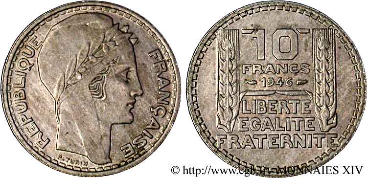 10 francs Turin, grosse tête, rameaux longs 1946 Paris F.361/3 AU 