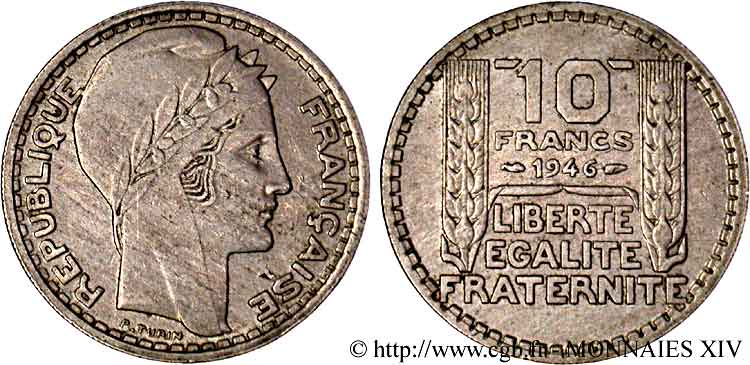 10 francs Turin, grosse tête, rameaux longs 1946 Paris F.361/3 SPL 
