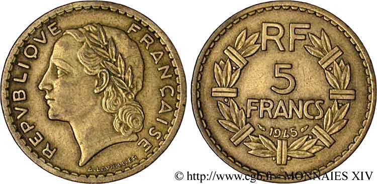 5 francs Lavrillier, en bronze-aluminium 1945 Castelsarrasin F.337/6 BB 