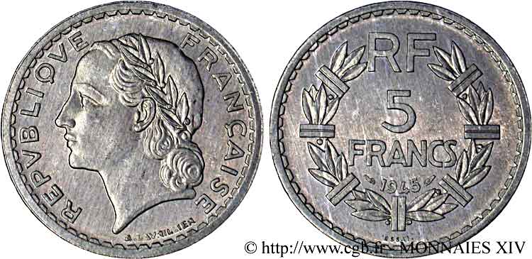 Essai de 5 francs Lavrillier, en aluminium 1945  F.339/1 SPL 