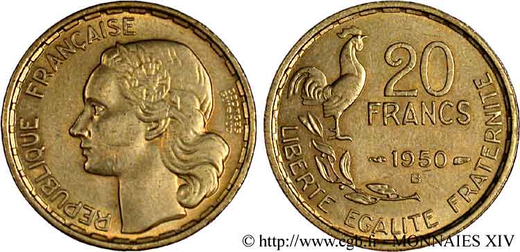 20 francs Georges Guiraud, 4 faucilles 1950 Beaumont-le-Roger F.401/3 VZ 