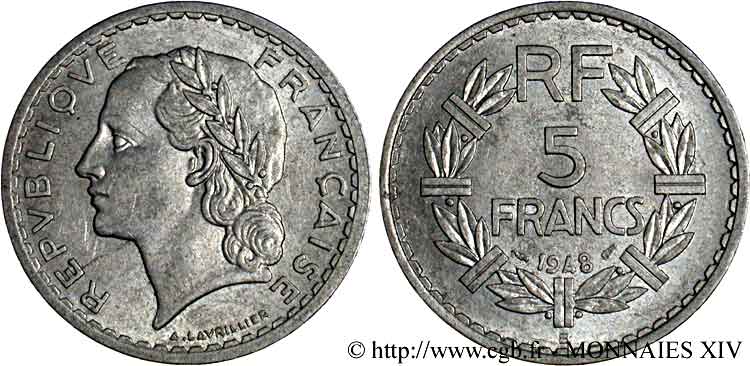 5 Francs Lavrillier en aluminium 1948 Beaumont-le-Roger F.339/15 EBC 