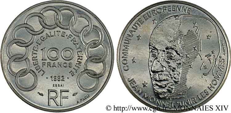 Essai de 100 francs argent Jean Monnet 1992  F.460/1 FDC 