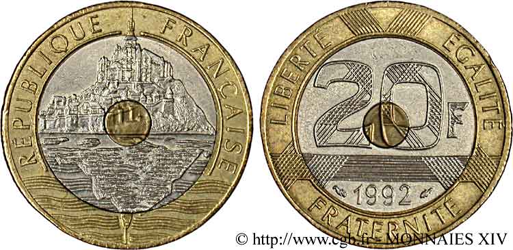 20 francs Mont Saint-Michel, 4 cannelures, V serré 1992 Pessac F.403/4 AU 