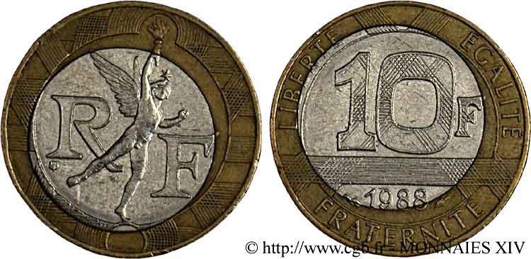 10 francs Génie de la Bastille, avec centre en nickel décentré 1988 Pessac F.375/2 var. BB 