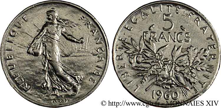 Faux de 5 francs Semeuse, argent 1960 Paris F.340/4 var. EBC 