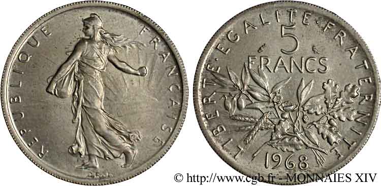 Pré-série de 5 francs Semeuse, nickel en nickel argenté 1968 Paris F.340/12 var. fST 