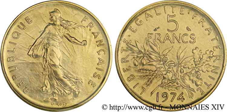 Piéfort or de 5 francs Semeuse, nickel 1974 Pessac F.341/6P FDC 