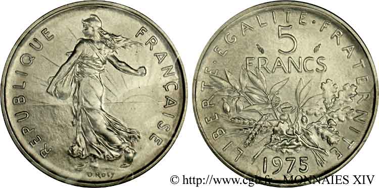 Piéfort Cu-Ni de 5 francs Semeuse, nickel 1975 Paris F.341/7P FDC 