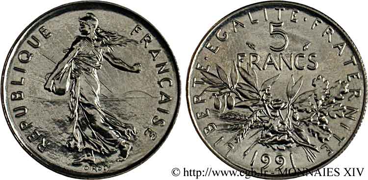 5 francs Semeuse, nickel, BU (Brillant Universel), frappe médaille 1991 Pessac F.341/24 FDC 