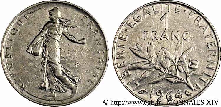 1 franc Semeuse, nickel, frappe médaille 1964 Paris F.226/8 var. VF 