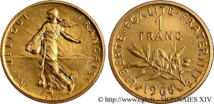 Piéfort or de 1 franc Semeuse, nickel 1968 Paris F.226/13P FDC 