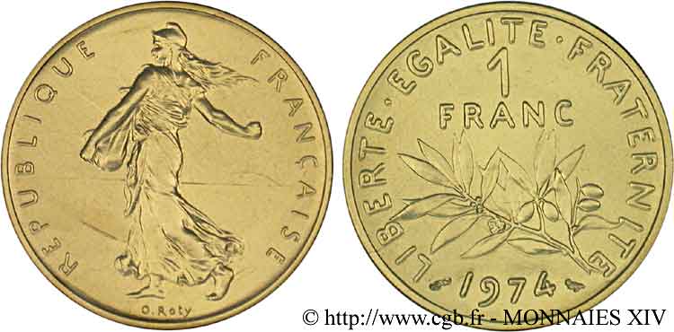 Piéfort or de 1 franc Semeuse, nickel 1974 Pessac F.226/19P MS 