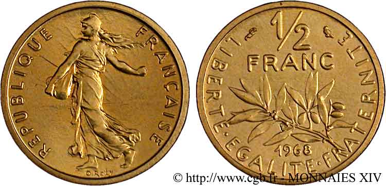 Piéfort or de 1/2 franc Semeuse 1968 Paris F.198/7P MS 