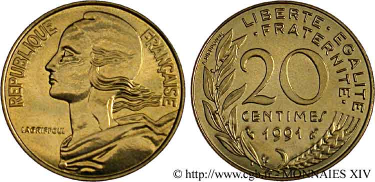 20 centimes Marianne, BU (Brillant Universel), frappe médaille 1991 Pessac F.156/32 ST 