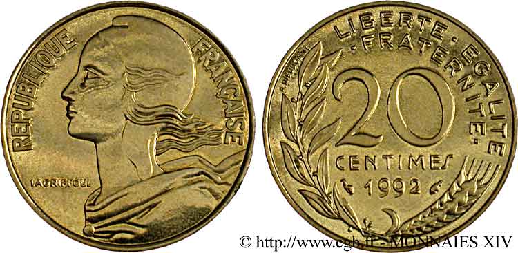 20 centimes Marianne, BU (Brillant Universel), frappe médaille 1992 Pessac F.156/34 FDC 