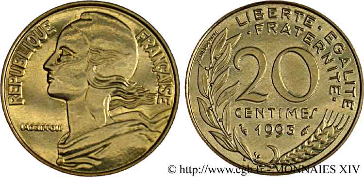 20 centimes Marianne, BU (Brillant Universel), frappe médaille 1993 Pessac F.156/36 MS 