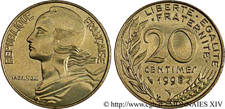 20 centimes Marianne, BU (Brillant Universel) 1998 Pessac F.156/42 SPL 