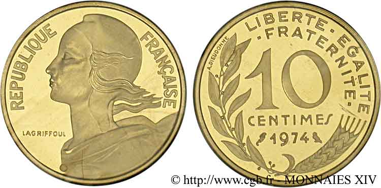 Piéfort or de 10 centimes Marianne 1974 Pessac F.144/14P MS 