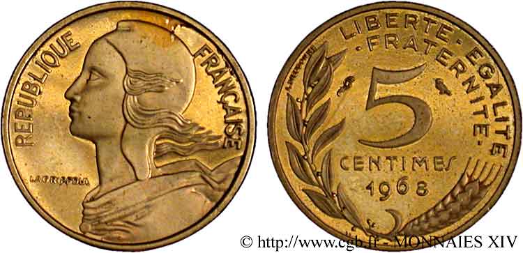 Piéfort or de 5 centimes Marianne 1968 Paris F.125/4P MS 