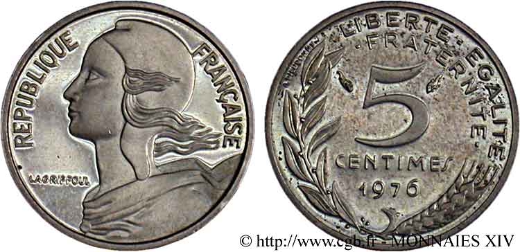 Piéfort argent de 5 centimes Marianne 1976 Pessac F.125/12P MS 