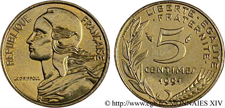 5 centimes Marianne, BU (Brillant Universel), frappe médaille 1991 Pessac F.125/28 FDC 