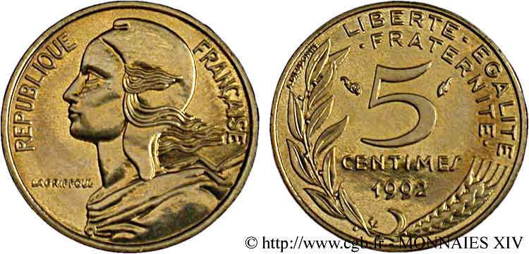 5 centimes Marianne, BU (Brillant Universel), frappe médaille 1992 Pessac F.125/31 MS 