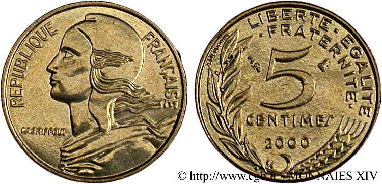 5 centimes Marianne, BU (Brillant Universel) 2000 Pessac F.125/44 fST 