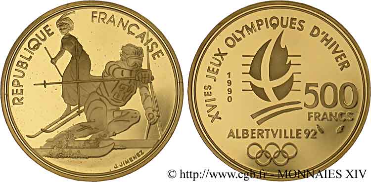 500 francs or Jeux Olympiques d hiver d Albertville, Slalom et Belle Époque 1990 Paris F.1805 1 FDC 