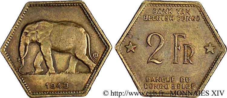 REPUBBLICA DEMOCRATICA DEL CONGO - CONGO BELGA 2 francs hexagonal 1943  XF 