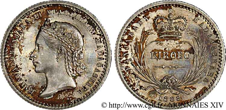 AFRICA - KINGDOM OF MADAGASCAR Kirobo ou pièce de 1,25 franc 1888  AU 