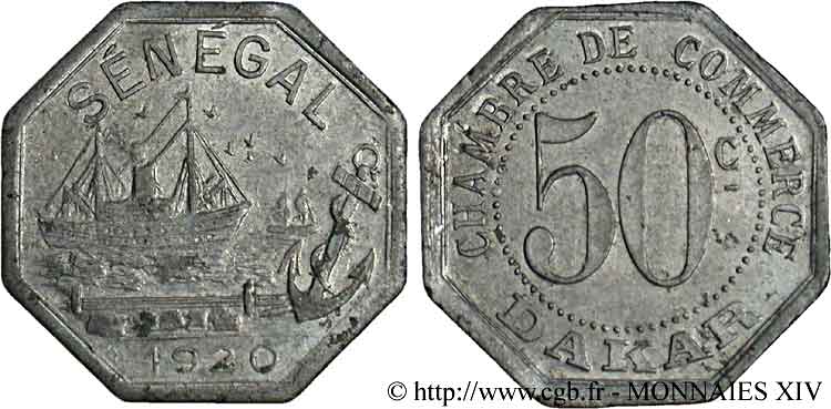 AFRIQUE FRANÇAISE - SÉNÉGAL 50 centimes octogonal Chambre de commerce 1920  VZ 