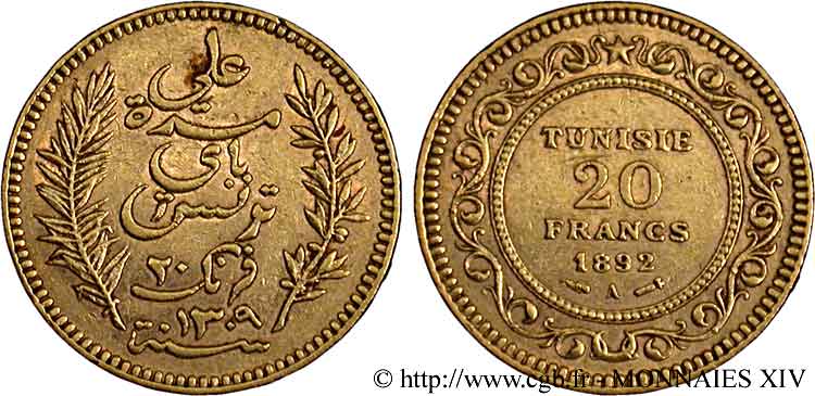 TUNISIA - PROTETTORATO FRANCESE - ALI BEY 20 francs or AH 1309 = 1892 Paris BB 